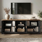 [Black] Bellford TV unit interior view, left cabinet holds paperbacks, right cabinet holds a radio and basket