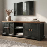 [Black] Bellford TV unit at an angle showing depth of cabinet, oak top overhang, copper handles on shaker doors