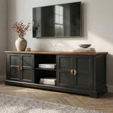 [Black] Bellford TV unit at an angle showing depth of cabinet, oak top overhang, copper handles on shaker doors