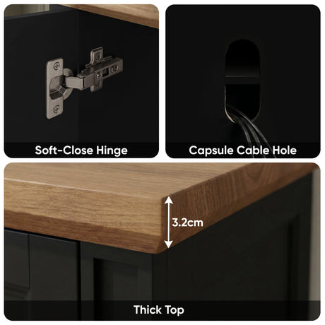 [Black] Bellford TV unit construction detail, metal hinge on cabinet, oval cable cut-out, thick oak worktop