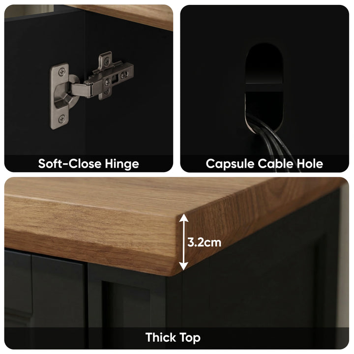 [Black] Bellford TV unit build features, hinge mechanism, rear cable port and solid oak top edge measuring 3.2 cm