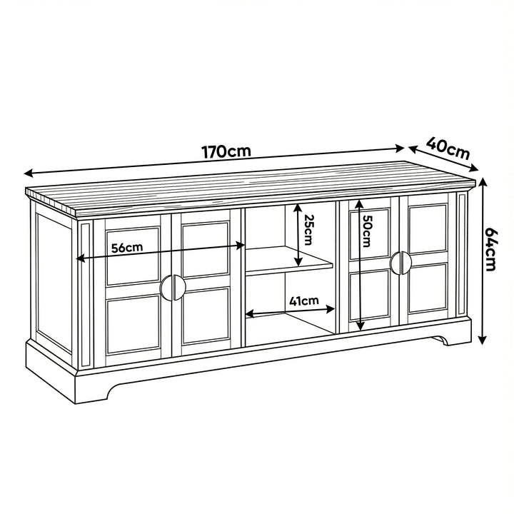 [Black] Bellford TV unit line diagram, external size 170 x 40 x 64 cm, door width 56 cm, centre shelf 41 cm