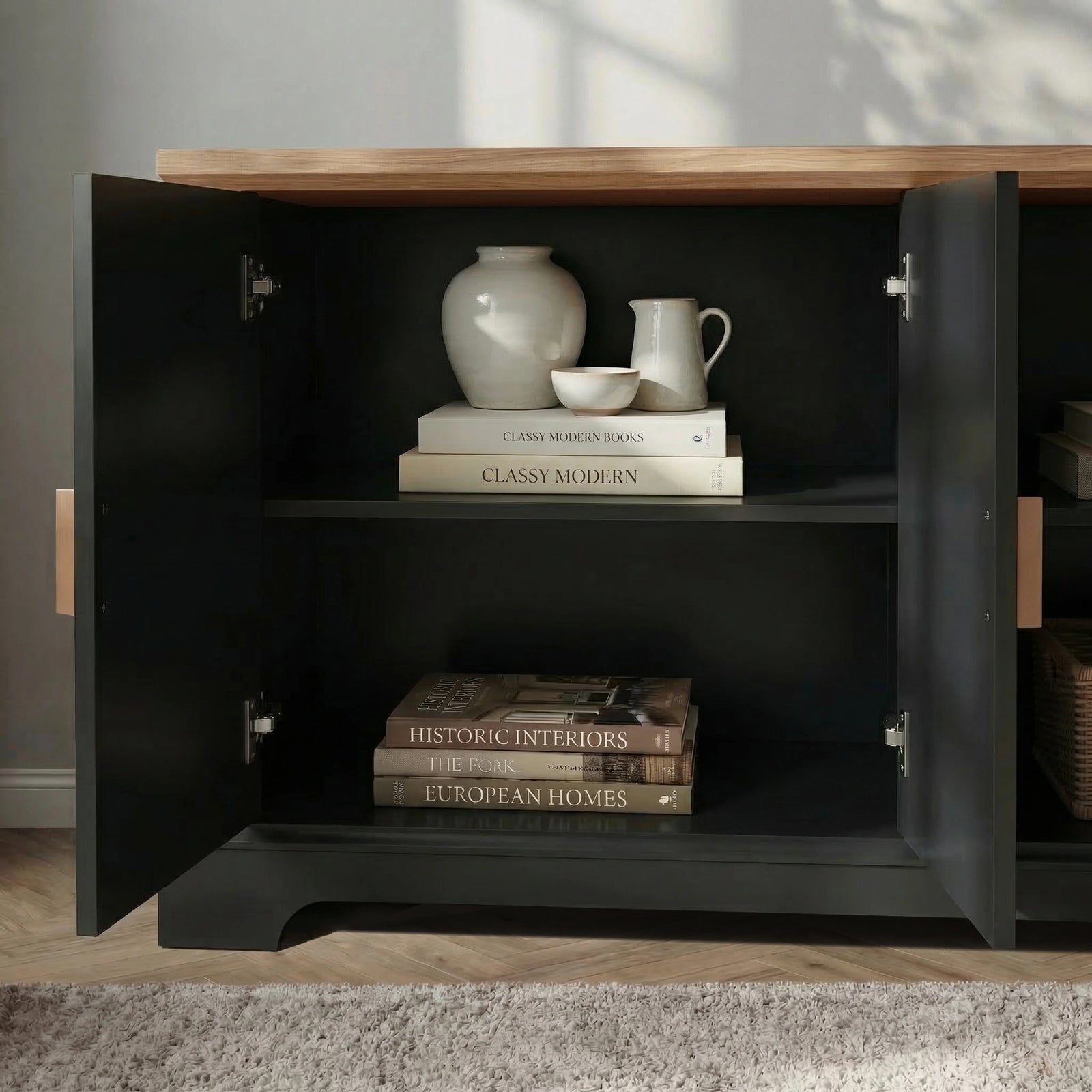 [Black] Bellford TV unit side compartment view, fixed divider shelf visible, painted black interior walls