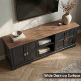 [Black] Bellford TV unit from above, wide oak plank top spanning full length, shaker doors seen below