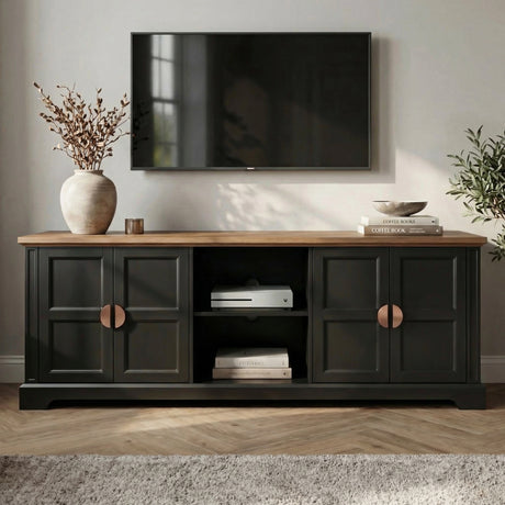 [Black] Bellford TV unit front view, two shaker doors each side closed, open centre shelf, oak top, TV above