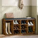Hallway shoe storage bench with cushion and adjustable shelves in rustic wood finish, ideal for organizing boots and shoes in entryways or mudrooms.