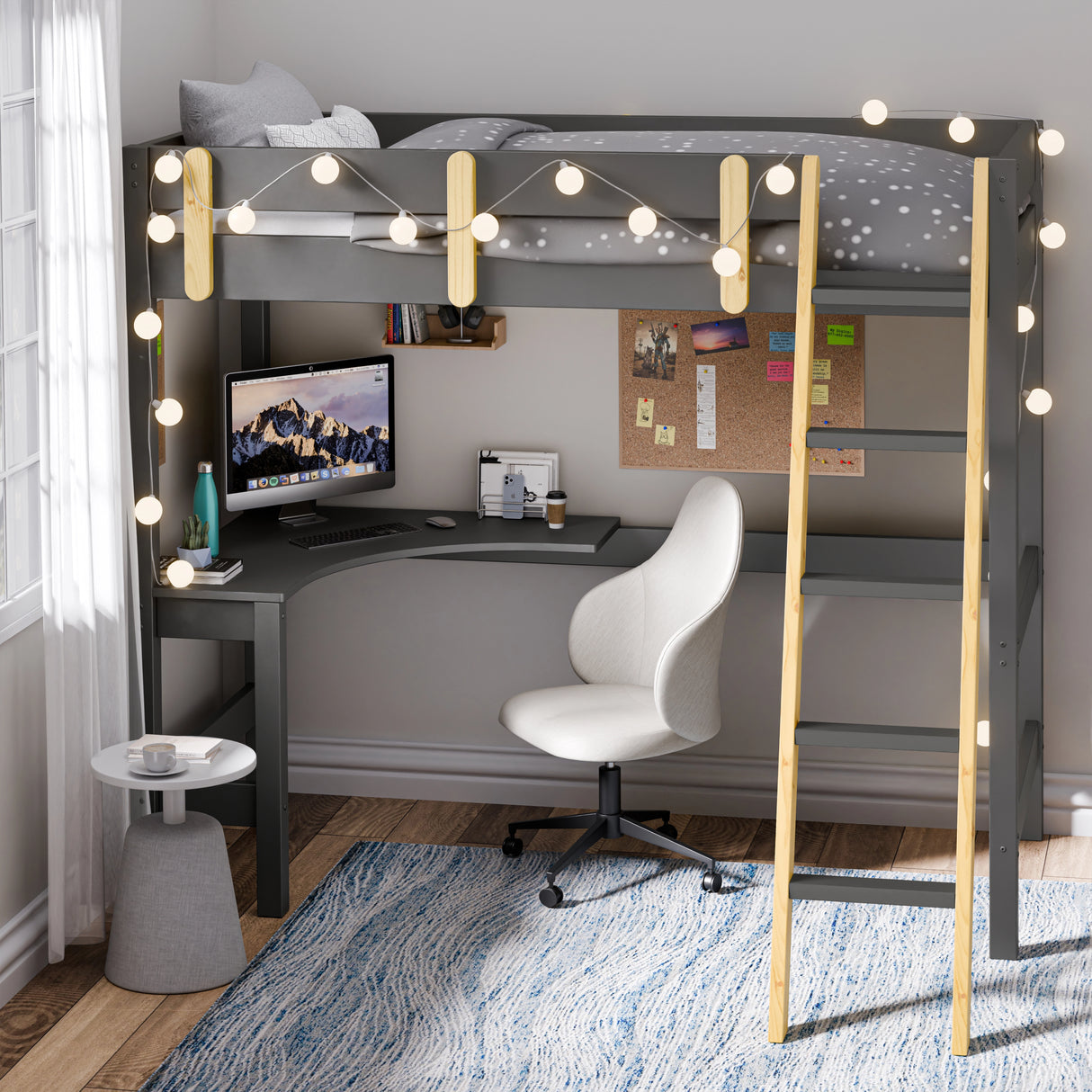 Bunk bed with a desk, placed in the corner of a room with a  desk underneath, representing one of the best bunk beds for kids