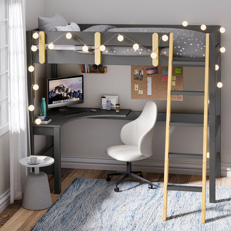 Bunk bed with a desk, placed in the corner of a room with a  desk underneath, representing one of the best bunk beds for kids