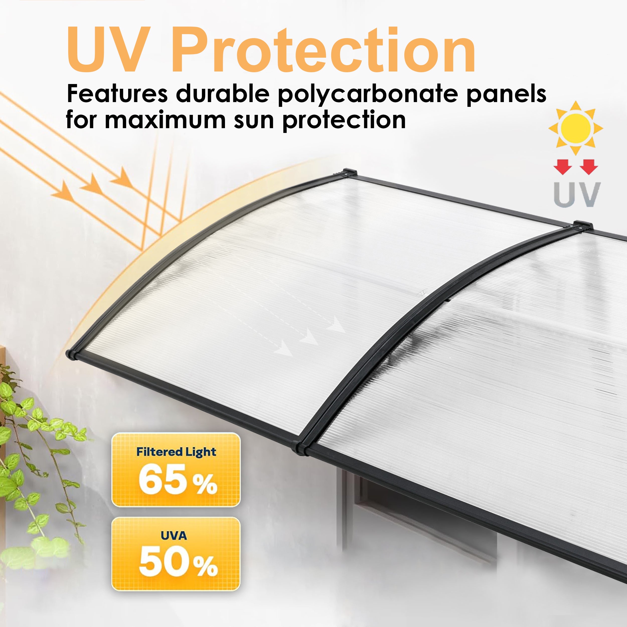 UV-protected polycarbonate best door canopy filtering 65% light and blocking 50% UVA rays.