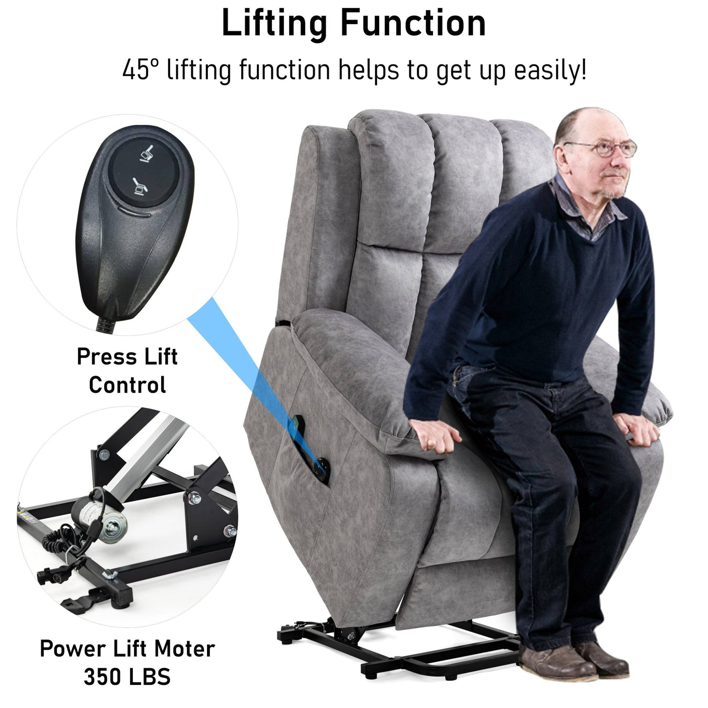 Elderly man using lift assist on light grey velvet recliner chair with 45° tilt and 350lbs power lift motor for easy standing support.
