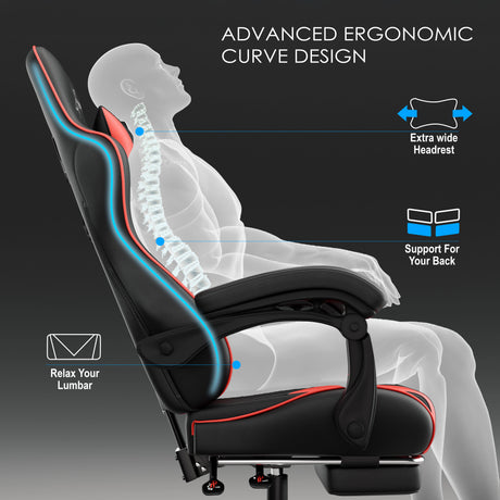Xstriker Gaming Chair With Footrest featuring advanced ergonomic curve design, extra wide headrest, lumbar support, and reclining backrest for comfort.