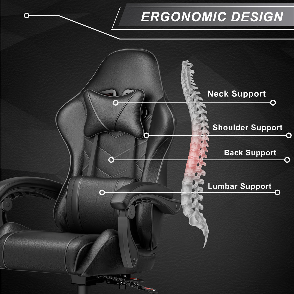 Best gaming chair for back pain with ergonomic design, lumbar and neck support.