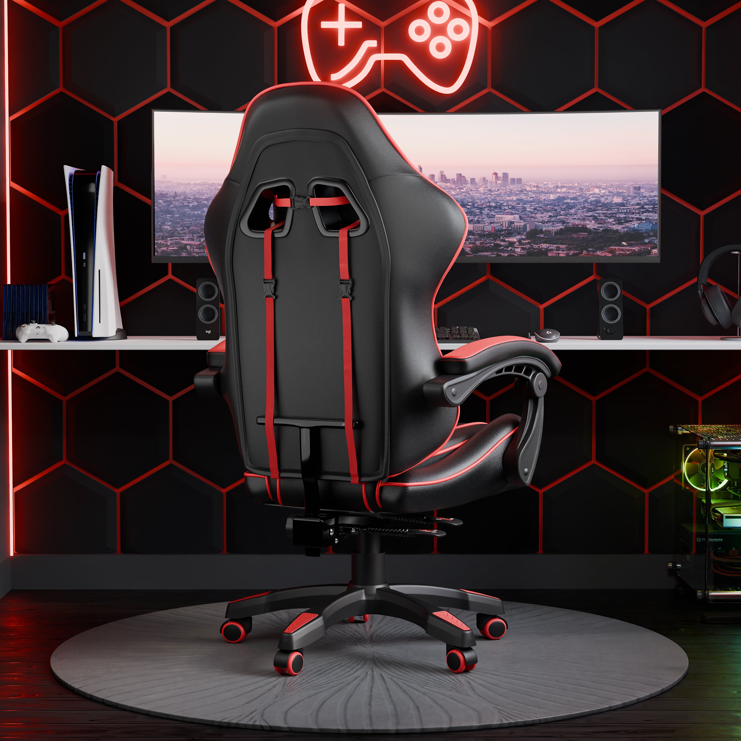 Best gaming chair for long hours with red accents, ergonomic design, and lumbar support.