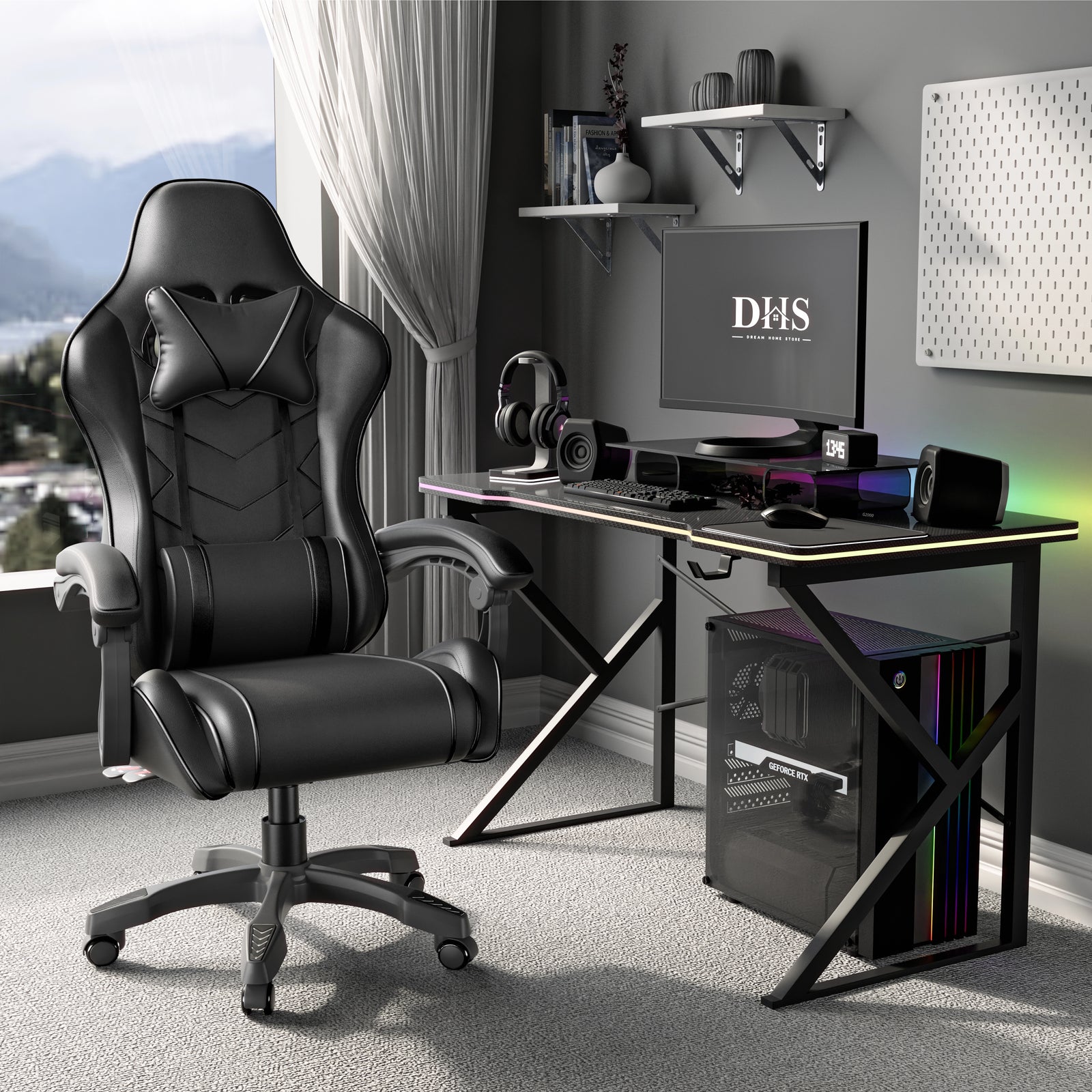 [Black] Ergonomic gaming chair with lumbar support and padded armrest in black leather finish, placed beside a modern gaming desk setup in a home office.