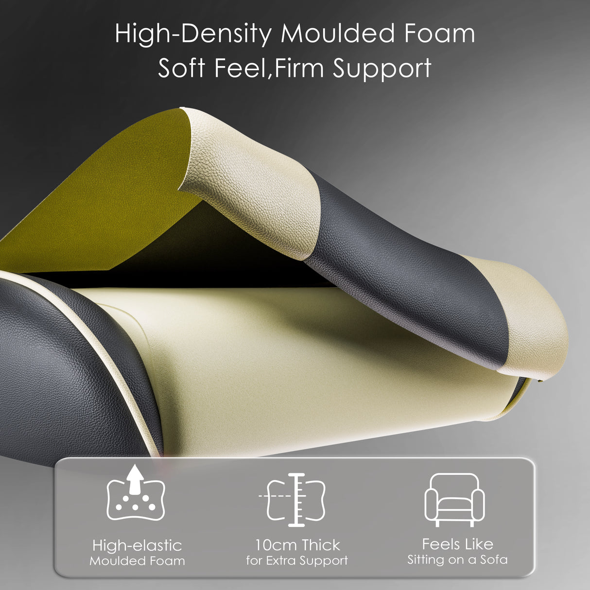 Cross-section of Xstriker Gaming Chair With Footrest showing high-density moulded foam with soft feel and firm support. Features 10cm thick padding for extra comfort.