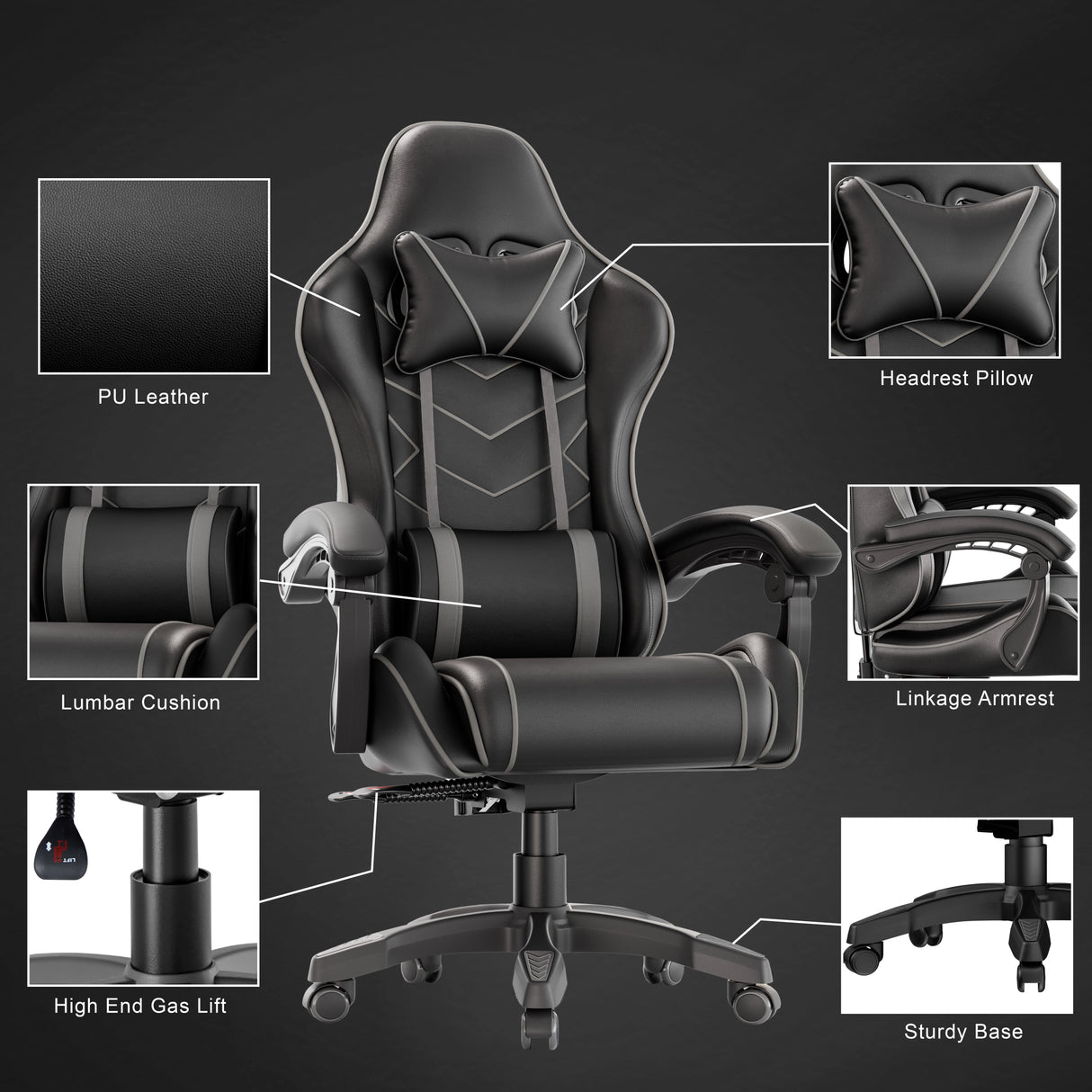 Ergonomic gaming chair with lumbar support, padded armrest, PU leather, headrest pillow, and sturdy base. Ideal for long gaming or office sessions.