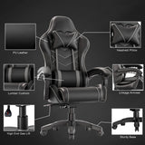 Ergonomic gaming chair with lumbar support, padded armrest, PU leather, headrest pillow, and sturdy base. Ideal for long gaming or office sessions.