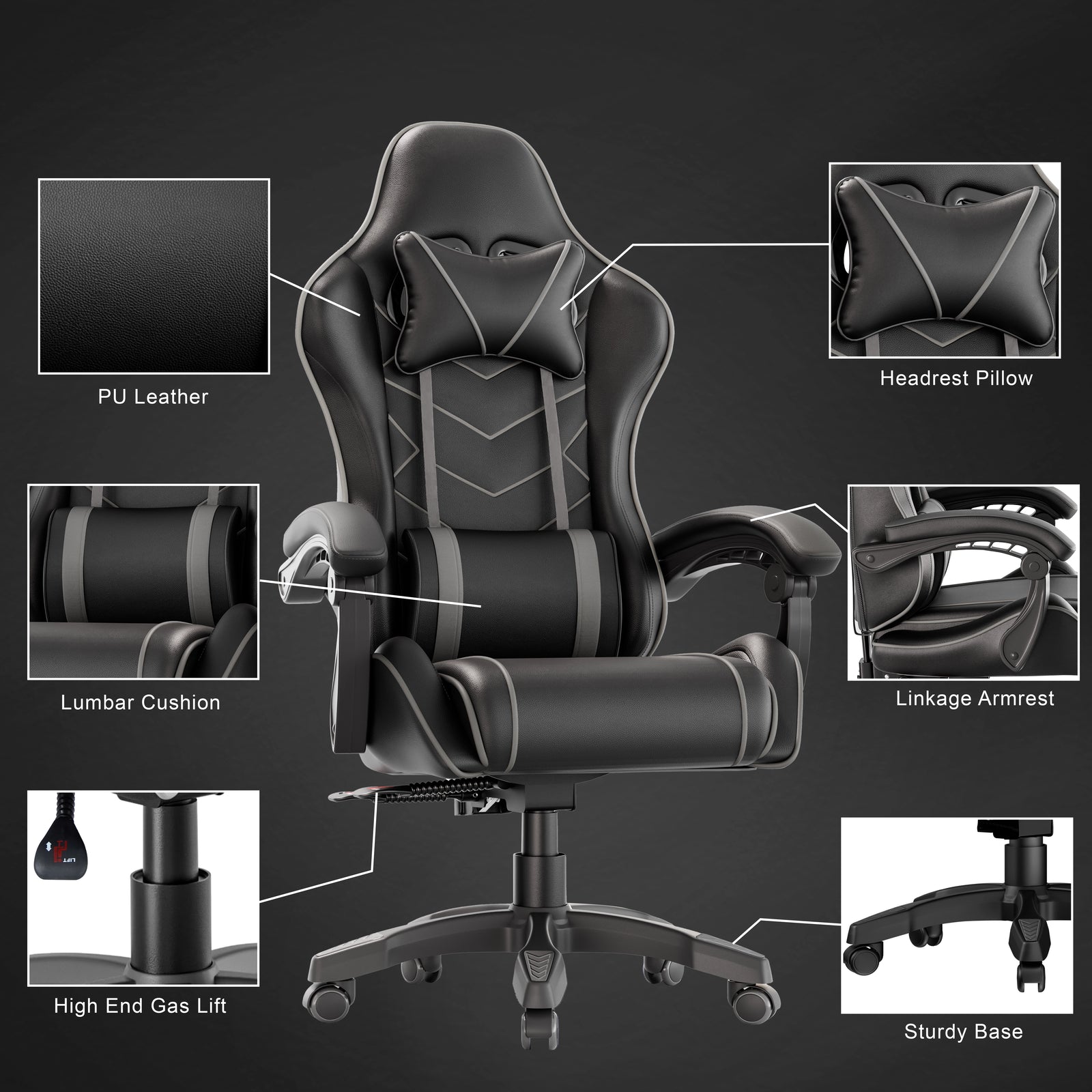 [Black + Grey] Ergonomic Home Office Chair with lumbar support, padded armrest, PU leather, headrest pillow, and sturdy base. Ideal for long gaming or office sessions.