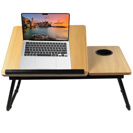 front-facing view of pine foldable laptop table with the top surface elevated for work or study