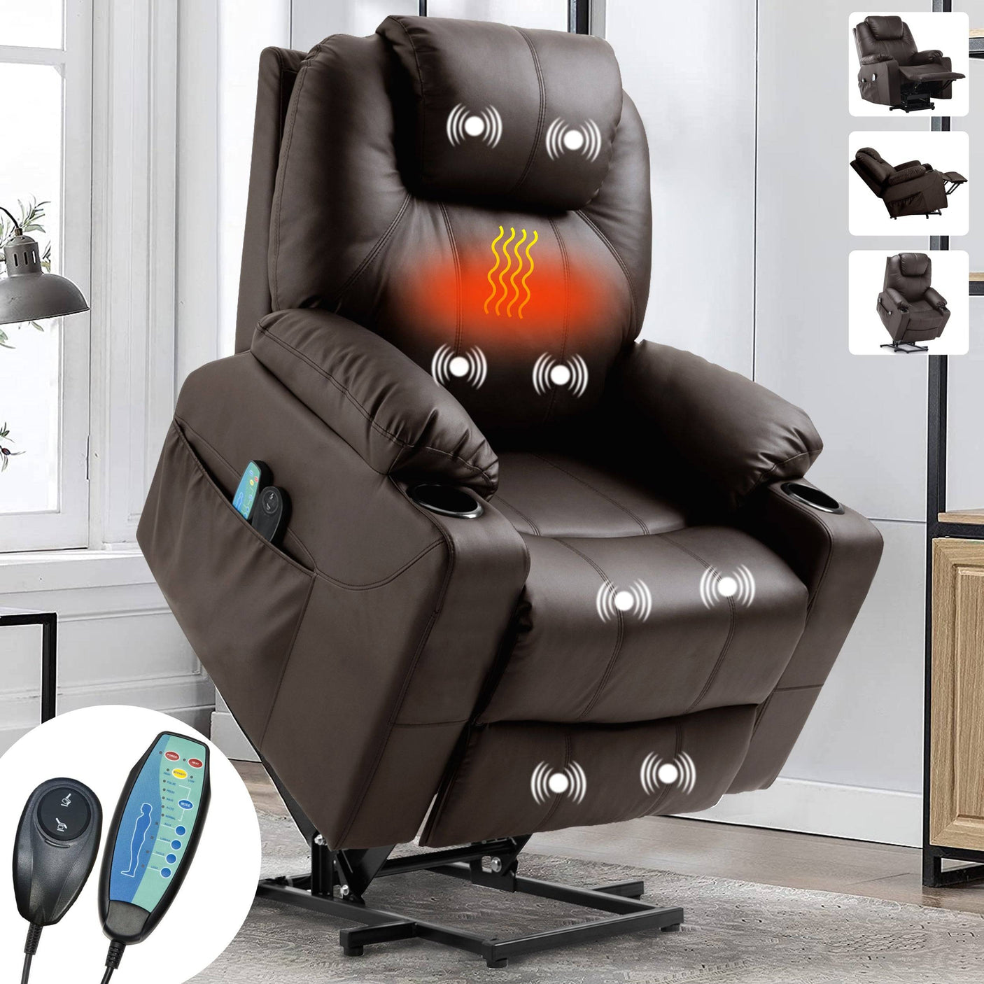 Brown Electric Recliner Chair For Elderly with heat and massage, lift assist, and ergonomic design for senior comfort and relaxation.