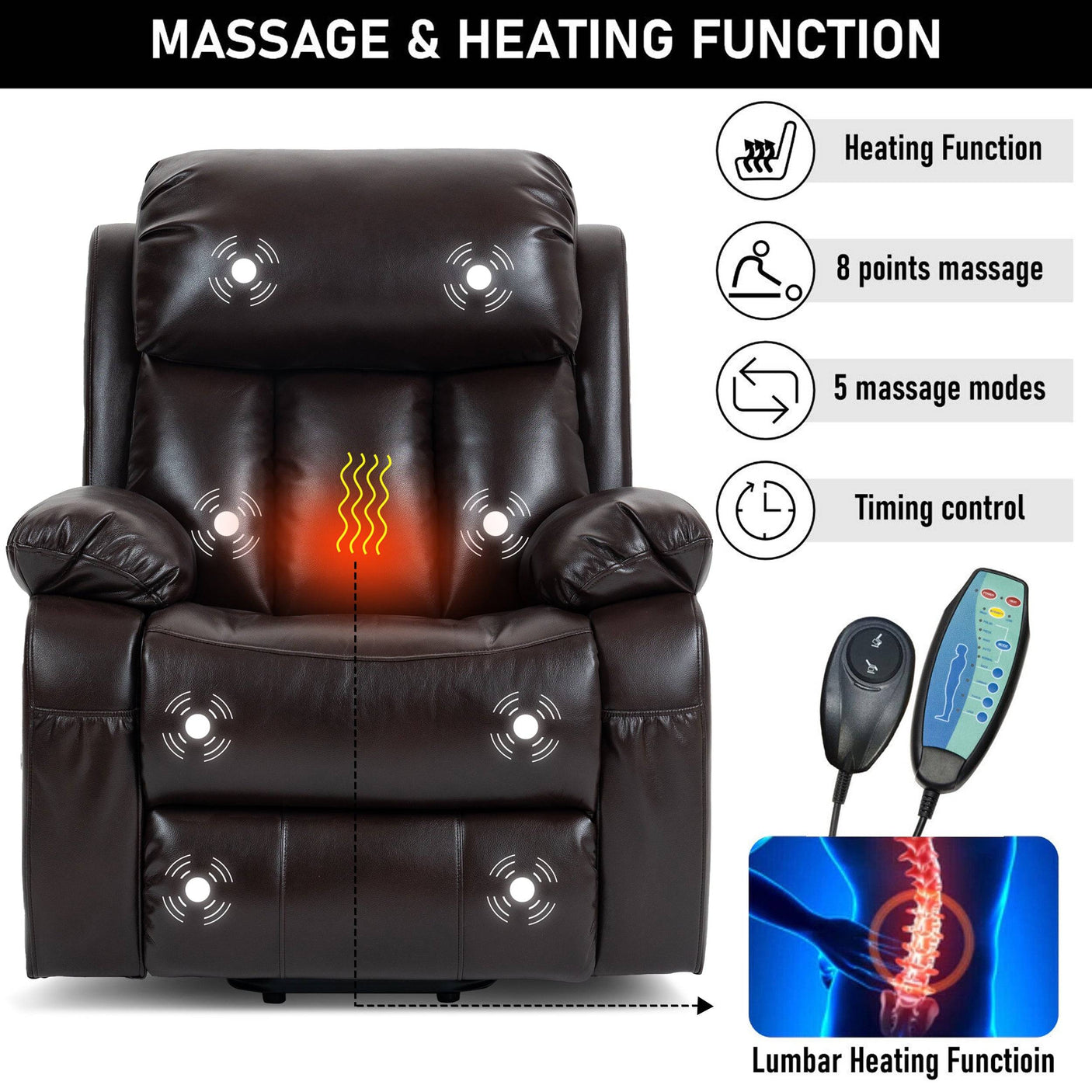 Brown electric recliner chair with lumbar heating, 5 massage modes, and remote control, designed for therapeutic comfort and ease of use.