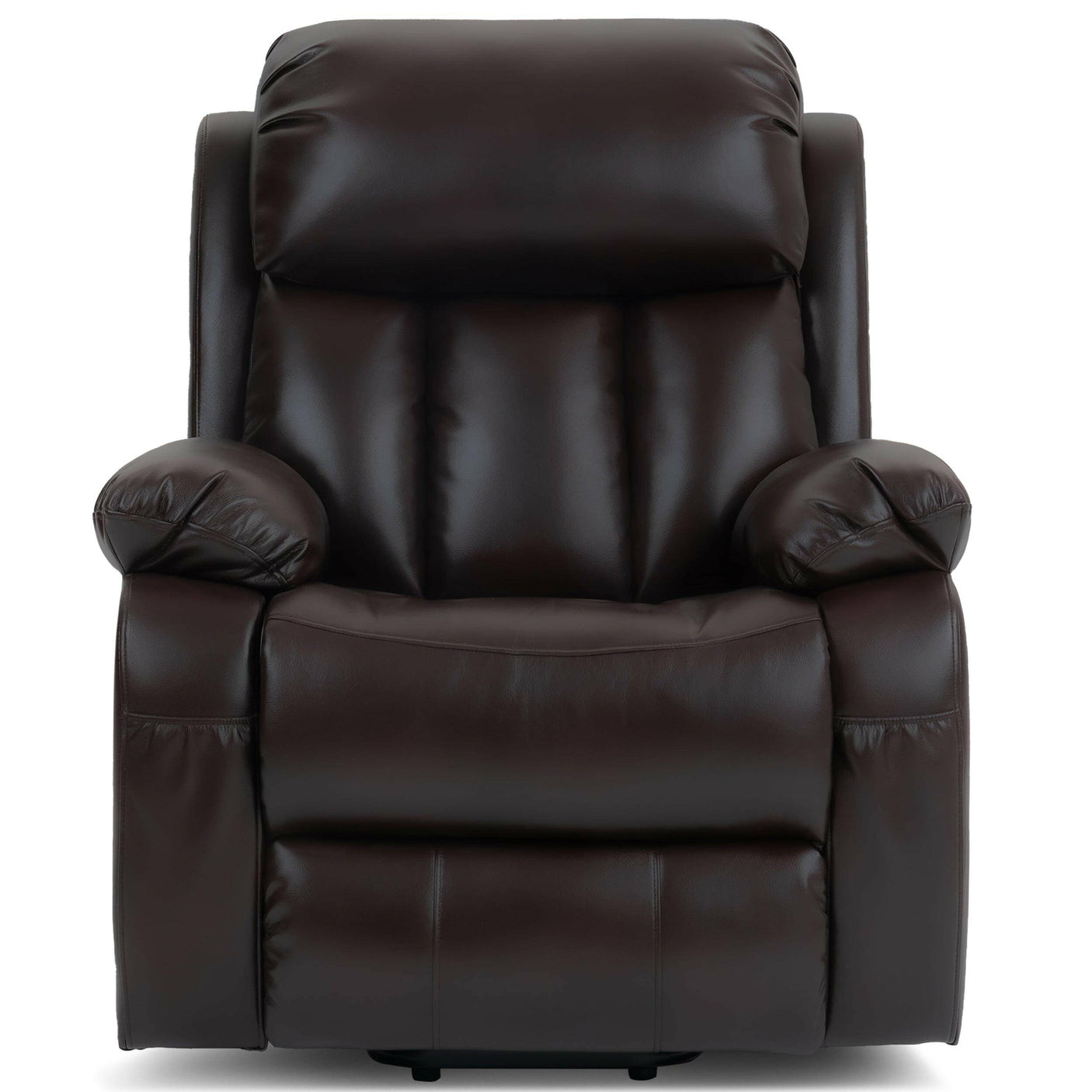 Front view of brown electric riser recliner armchair with plush cushioning and ergonomic design for living room or bedroom comfort.