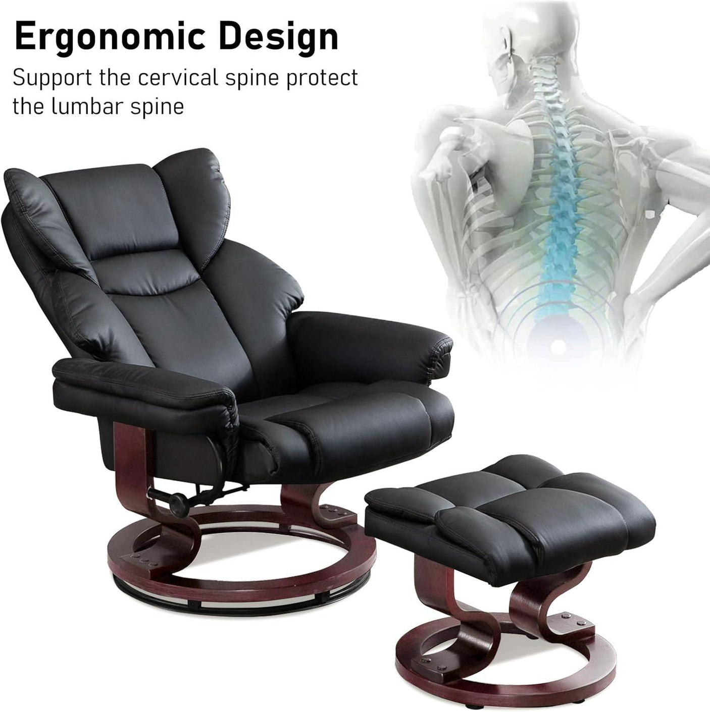 Ergonomic Recliner Swivel Armchair With Footstool | Lounge Chair designed to support cervical and lumbar spine for optimal posture and comfort.