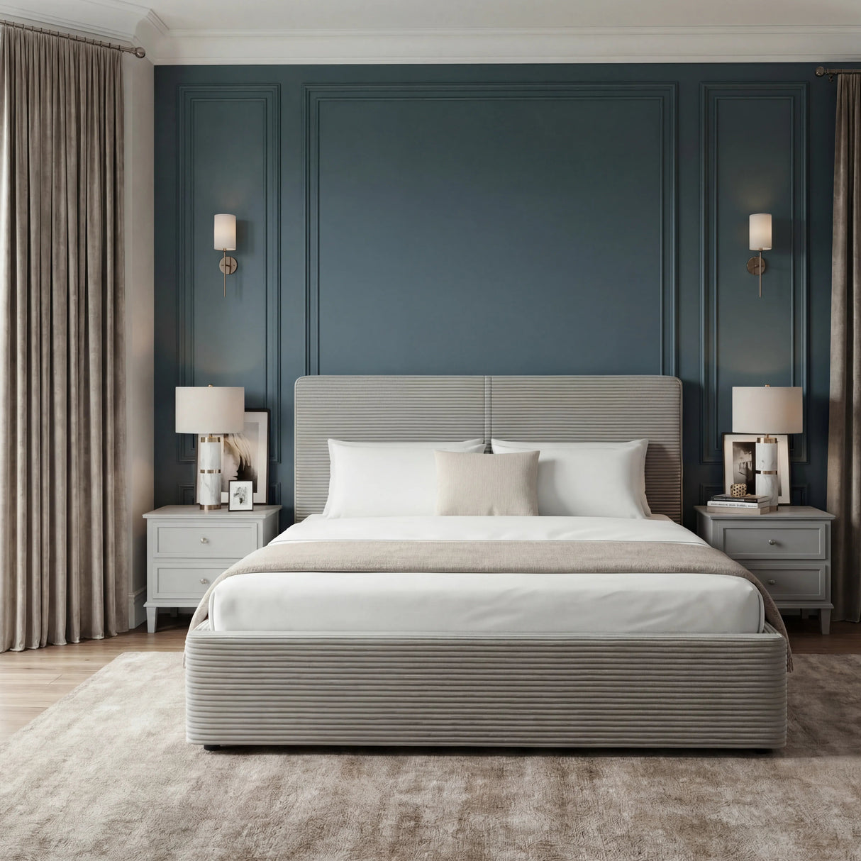 Best ottoman bed frame double with upholstered headboard and footboard placed in the middle of a modern room