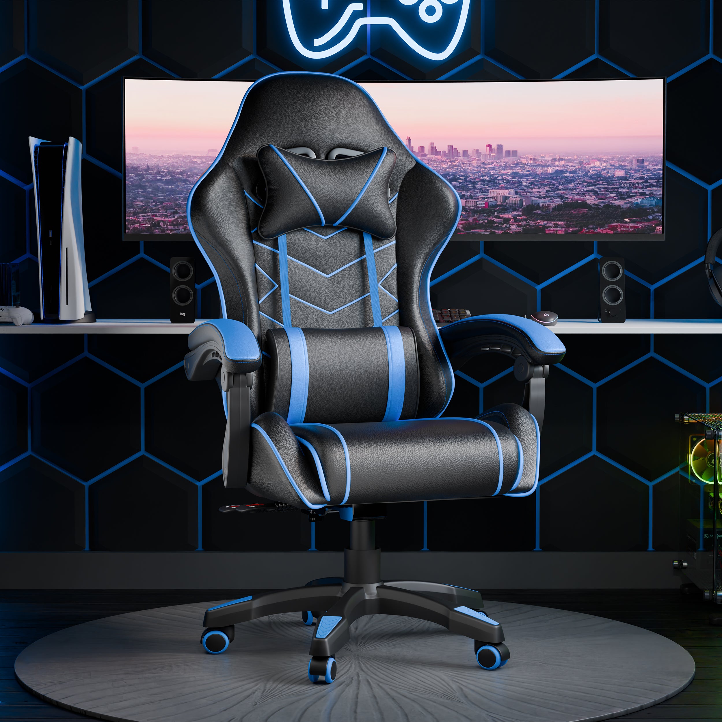 Best gaming chair under 200 with blue accents, ergonomic design, and lumbar support.