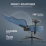 Xstriker Ergonomic Fabric Computer Chairs with 4D armrest shown in side profile, featuring 150° reclining back, lockable tilt, and 7cm height adjustment. Ideal for adult gamers seeking comfort and adjustability in home or office setups.