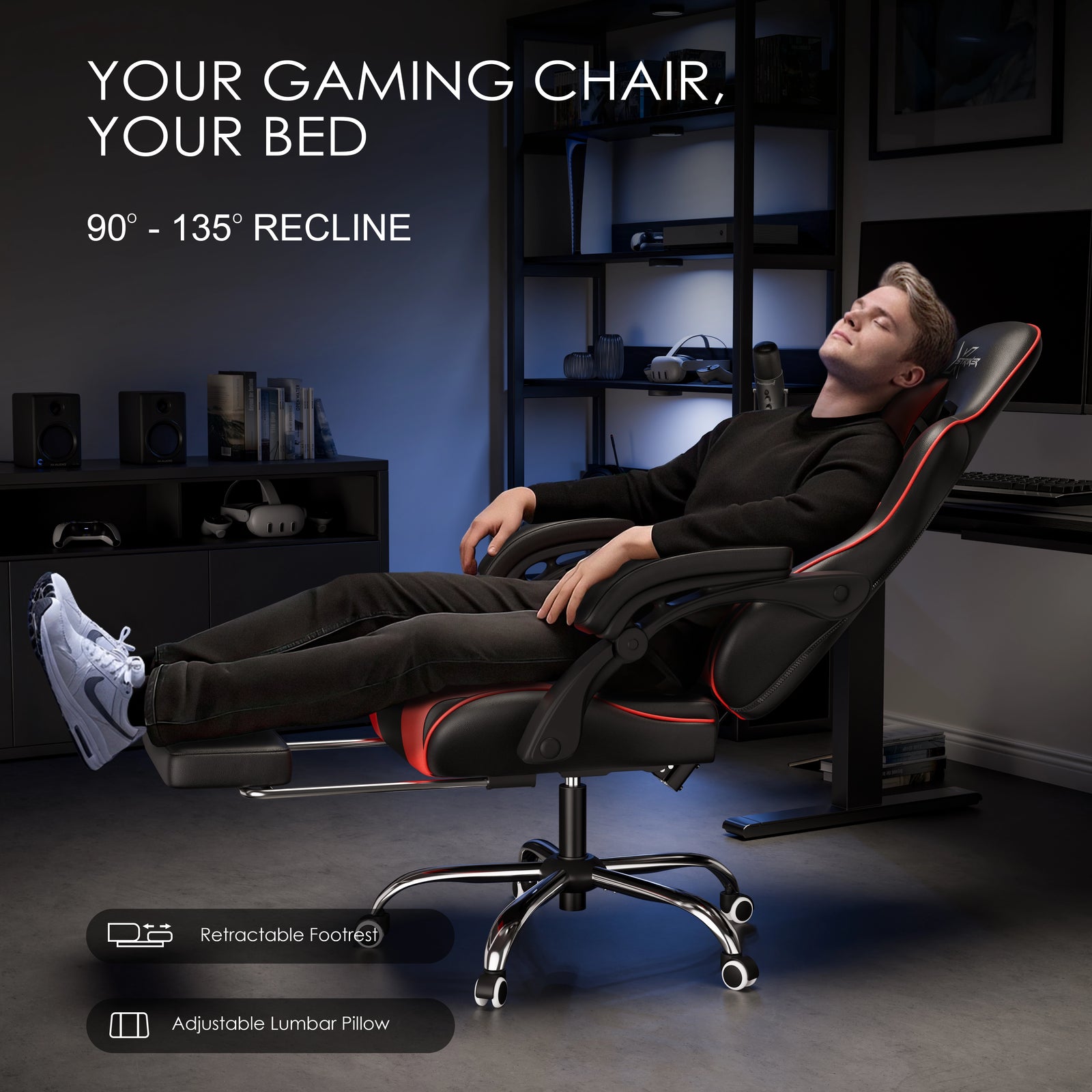 [Black + Red] Xstriker recliner gaming chair reclined at 135° in a home office setup, featuring ergonomic design, adjustable lumbar pillow, and retractable footrest.