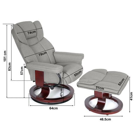 Best swivel recliner chair UK with grey upholstery, wooden base, matching footrest.