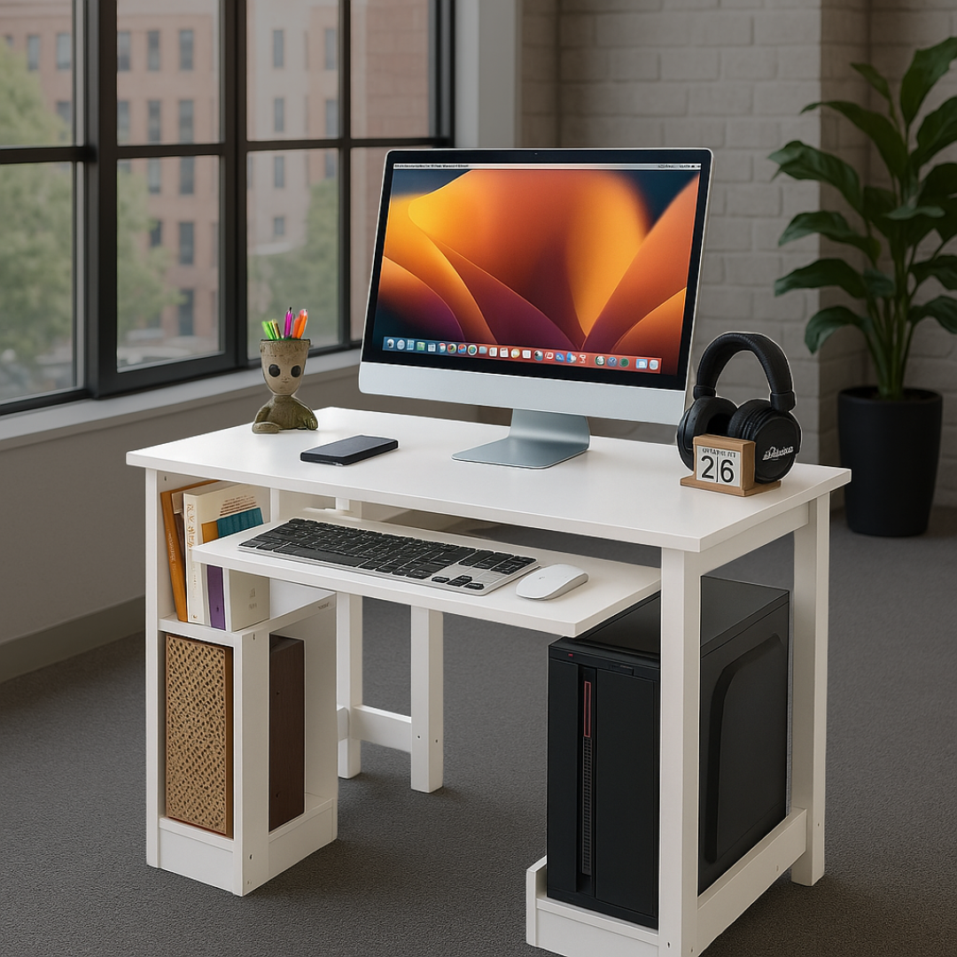 White computer table with storage compartments, ideal workstation desk with ample space for office desk setup