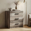 [Ash Grey] three drawer chest positioned in room with textured finish and black wooden bar handles