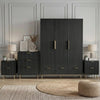 [Black] four piece bedroom furniture set placed on wooden flooring, including a wardrobe, dresser, and two bedside tables