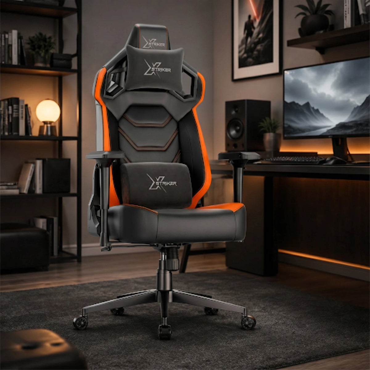 [Black + Orange] gaming chair with the Xstriker logo on the headrest, backrest, and lumbar support, positioned in a modern, dimly lit home office setup.