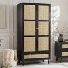 [Black] Wovena rattan wardrobe with both doors open showing hanging rail of clothes and pull-out base drawer