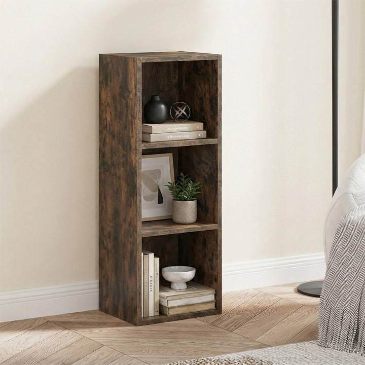 [3 Shelf | Rustic] three-quarter shot of three-cubby half-height rustic cube bookcase with enamel jug with dried wheat
