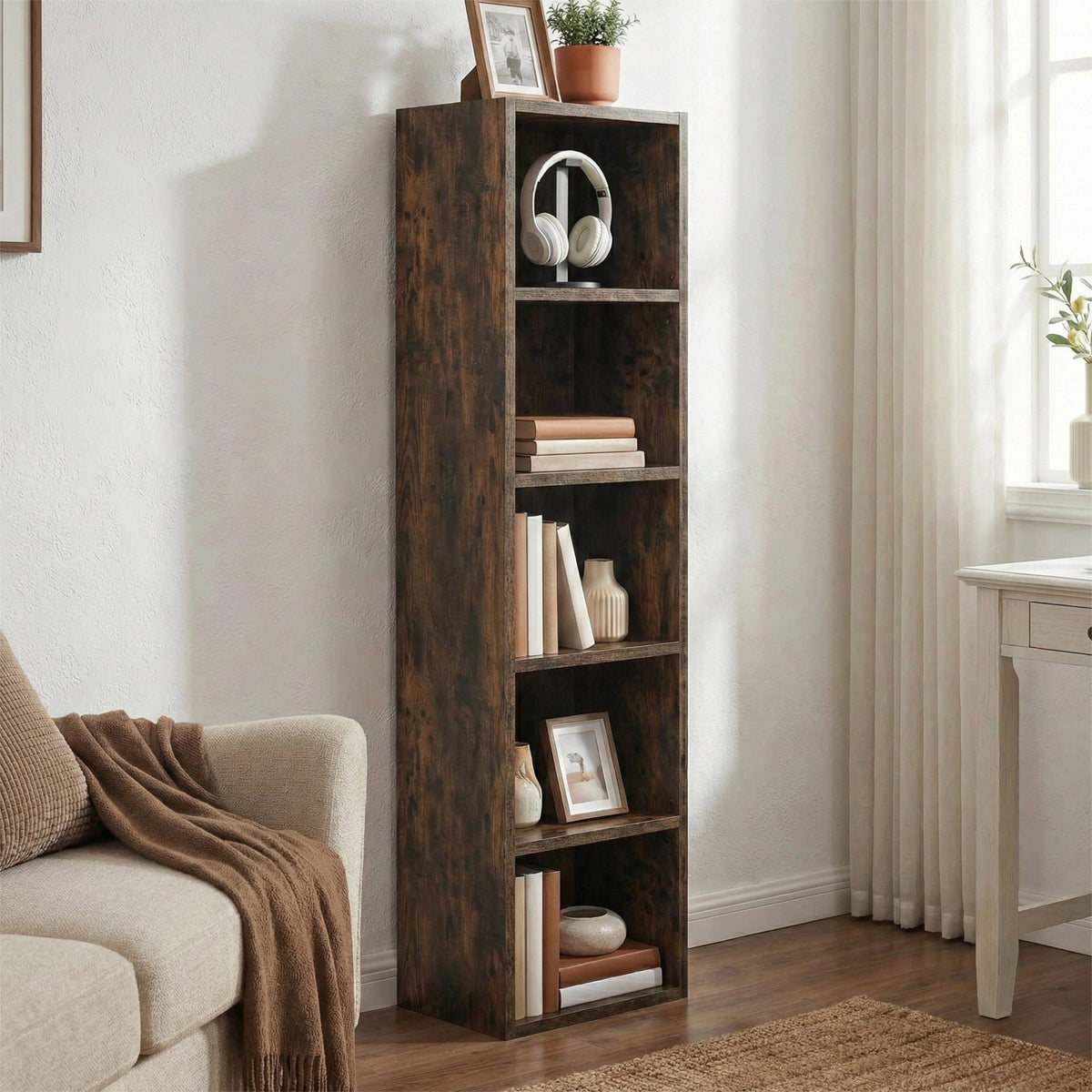[5 Shelf | Rustic] three-quarter shot of five-cubby floor-to-eye rustic cube bookcase with enamel jug with dried wheat