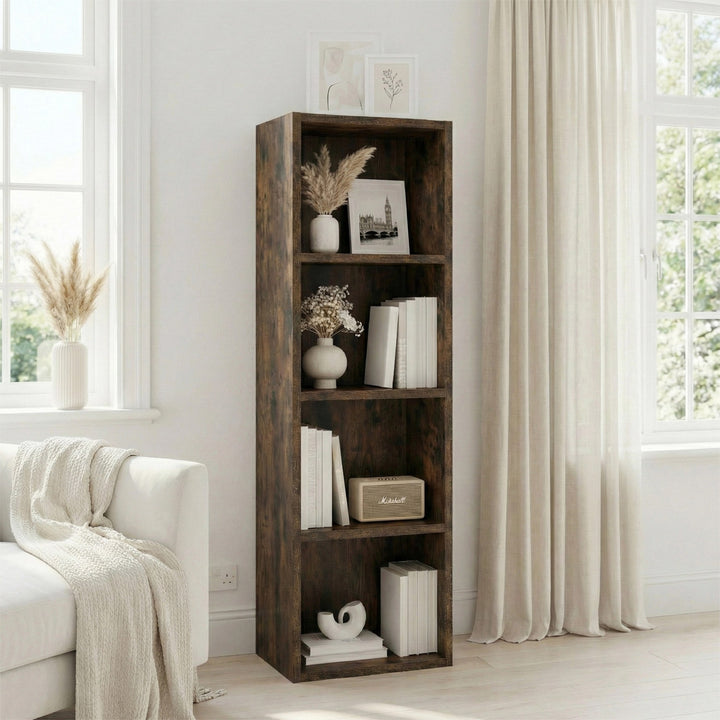 [4 Shelf | Rustic] living alcove setup with rustic panel hallway-tall bookcase over reclaimed plank floor
