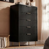 [Black] painted 5 drawer chest with vertical flutrina drawer fronts and gold tone metal handles