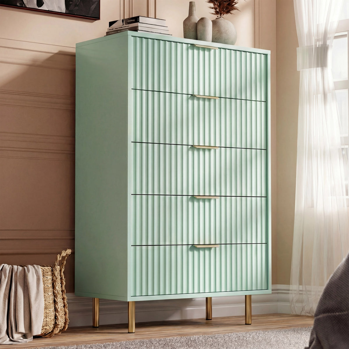 [Sage Green] painted 5 drawer chest with flutrina drawer fronts and gold finish metal handles and legs