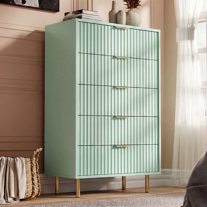 [Sage Green] painted 5 drawer chest with flutrina drawer fronts and gold finish metal handles and legs