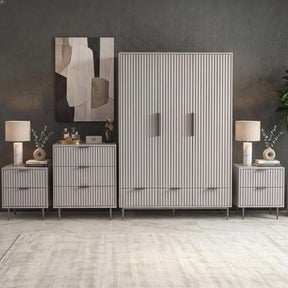 [Grey] four piece bedroom furniture set with a wardrobe, chest of drawers, and two bedside cabinets