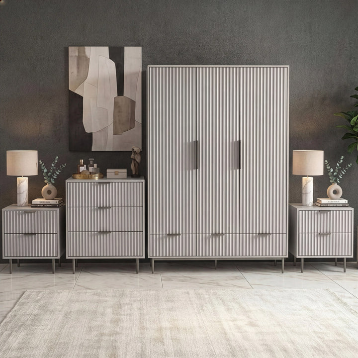 [Grey] four piece bedroom furniture set with a wardrobe, chest of drawers, and two bedside cabinets