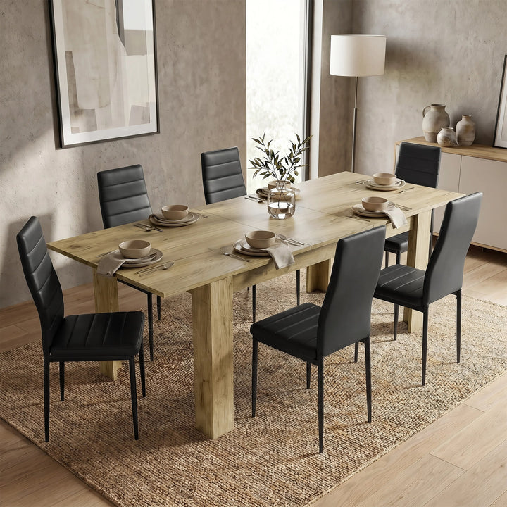 [6 Seater | Black] Milo oak-effect dining table set extended to 220cm with 6 high-back chairs