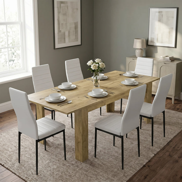 [6 Seater | White] Milo oak-effect dining table set extended to 220cm with 6 high-back chairs