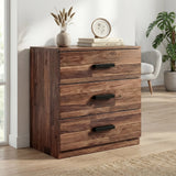 [Dark Bronx] 3 drawer chest placed in room setting with warm tones and visible natural grain texture