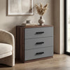[Walnut] three drawer chest placed in room with dual tone finish and matte black wooden handles