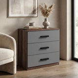 [Walnut] three drawer chest placed in room with dual tone finish and matte black wooden handles